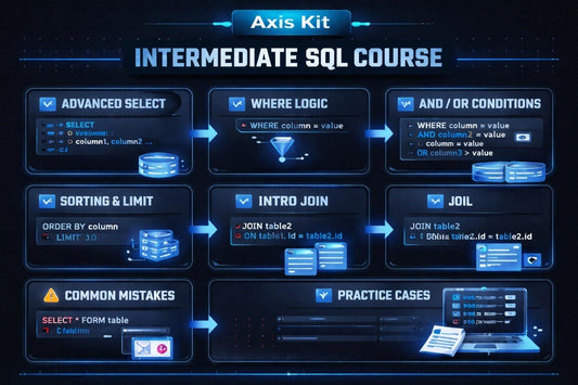 Diagram of an Intermediate SQL Course with various SQL concepts on a dark background