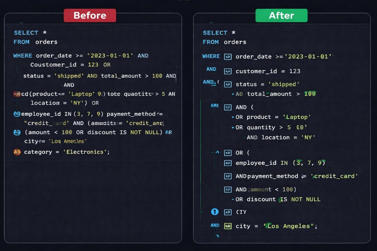 Comparison of SQL query text before and after cleaning on a dark background