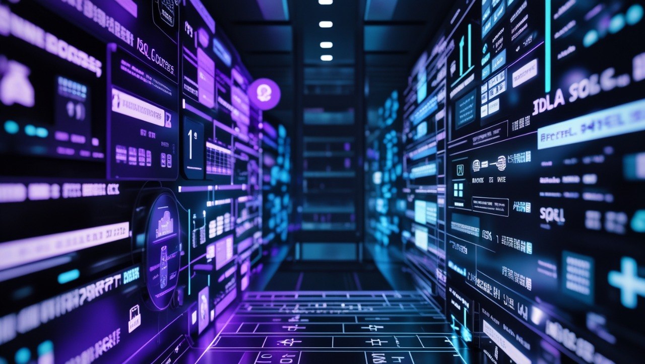 Futuristic digital corridor with glowing blue and purple lights