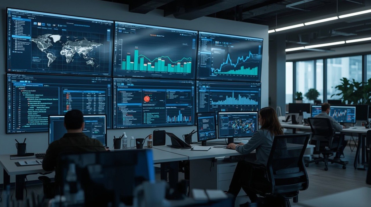 Control room with multiple monitors displaying data, people working at desks.
