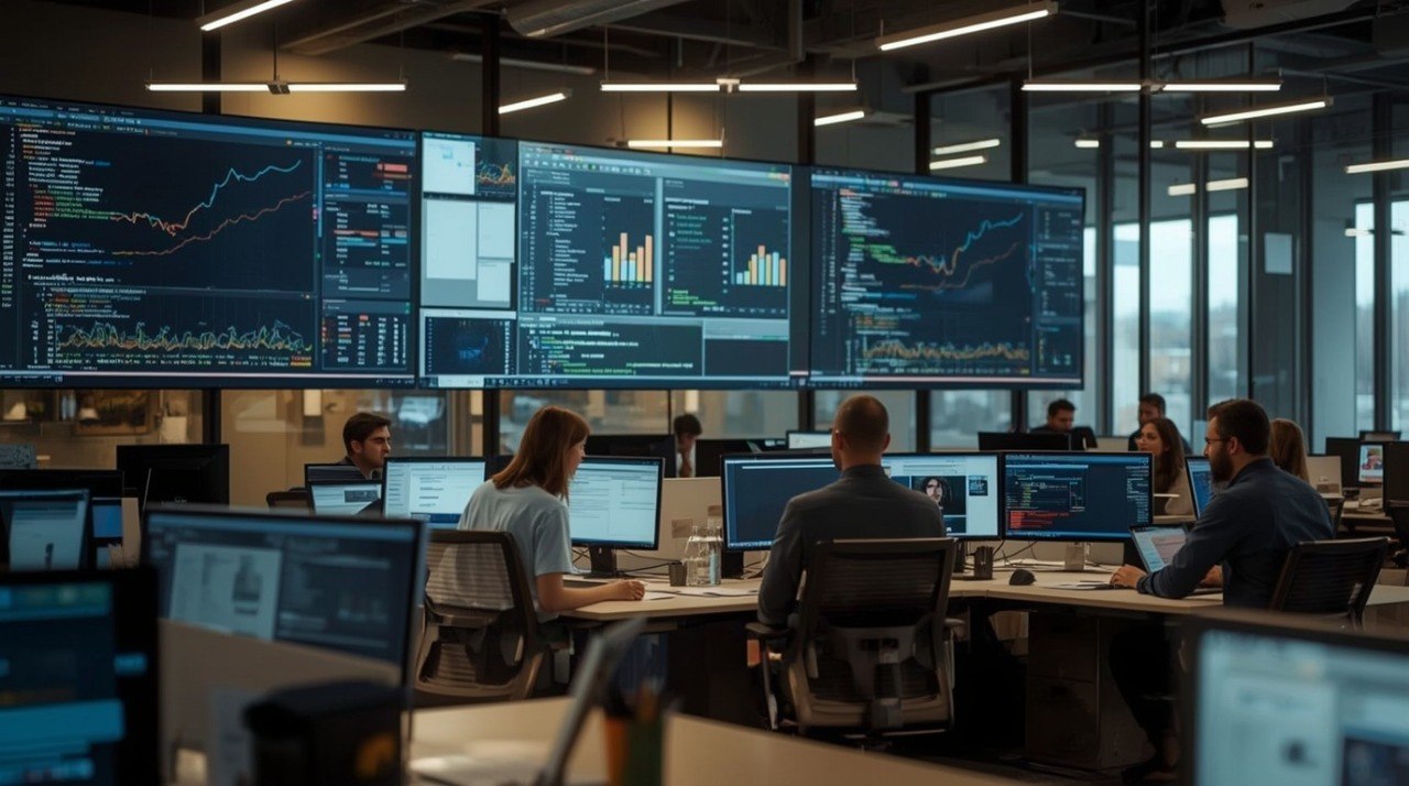 Control room with multiple monitors displaying financial data and people working.