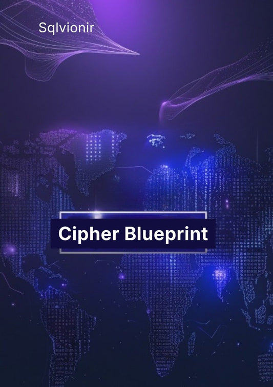 Cipher Blueprint with digital world map and abstract designs on a dark background