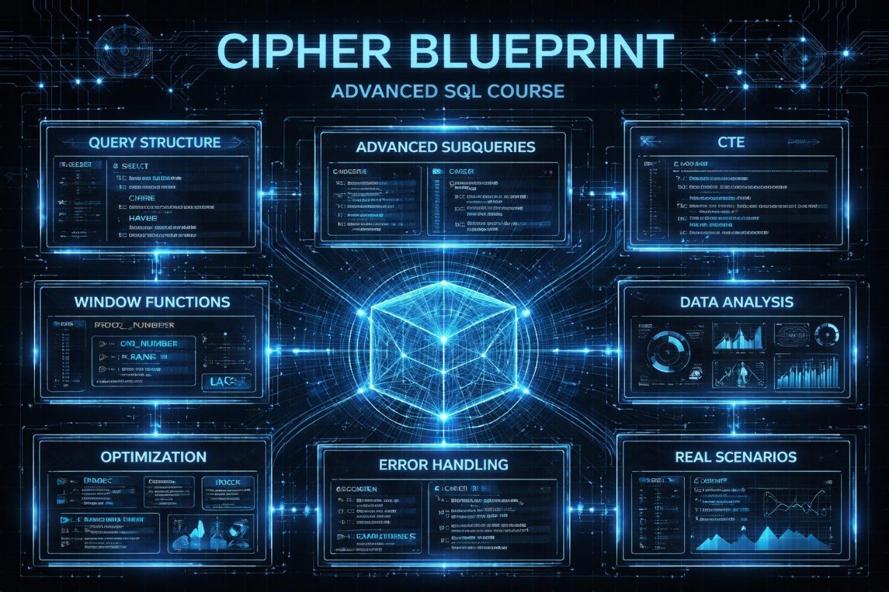 Holographic display of an advanced SQL course blueprint with various topics.