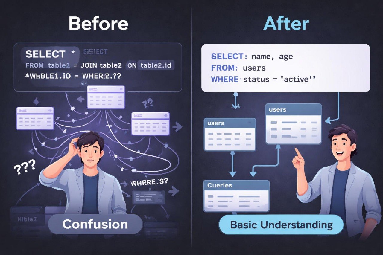 Comparison of a confused person with SQL queries and a person with basic understanding of SQL queries on a dark background.