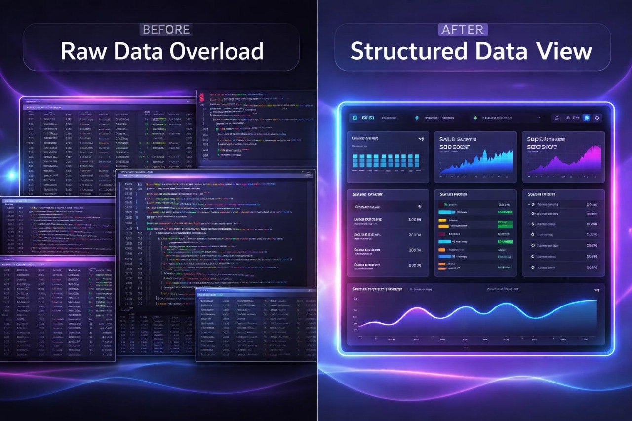 Comparison of raw data overload on the left and structured data view on the right with a dark background.