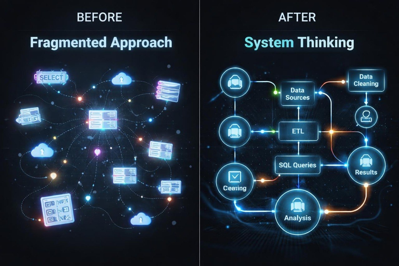 Comparison of a fragmented approach to system thinking with labeled components on a dark background.
