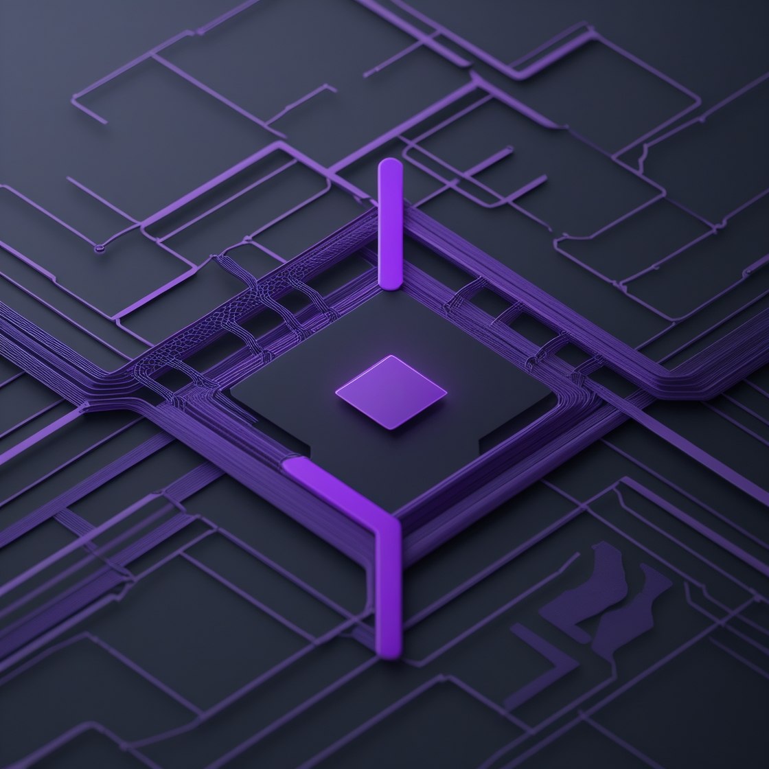 Purple circuit board design on a dark background