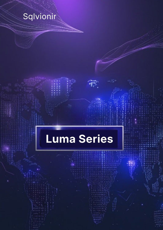 Futuristic world map with digital elements and 'Sqlvionir Luma Series' branding on a dark background.