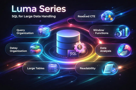 Diagram of Luma Series SQL features for large data handling on a dark background with colorful elements.