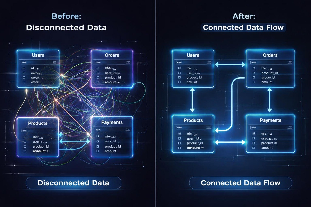 Comparison of disconnected data on the left and connected data flow on the right with blue glowing elements.
