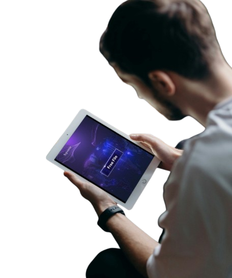 Person holding a tablet with a dark screen on a white background