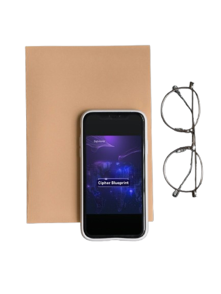 Smartphone with app interface, eyeglasses, and a notebook on a white background