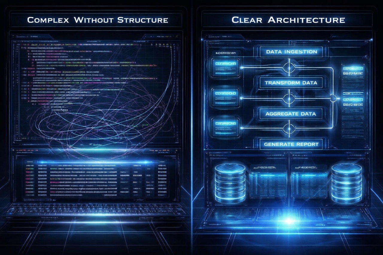 Comparison of complex code on a computer screen versus clear architecture with data flow diagrams.