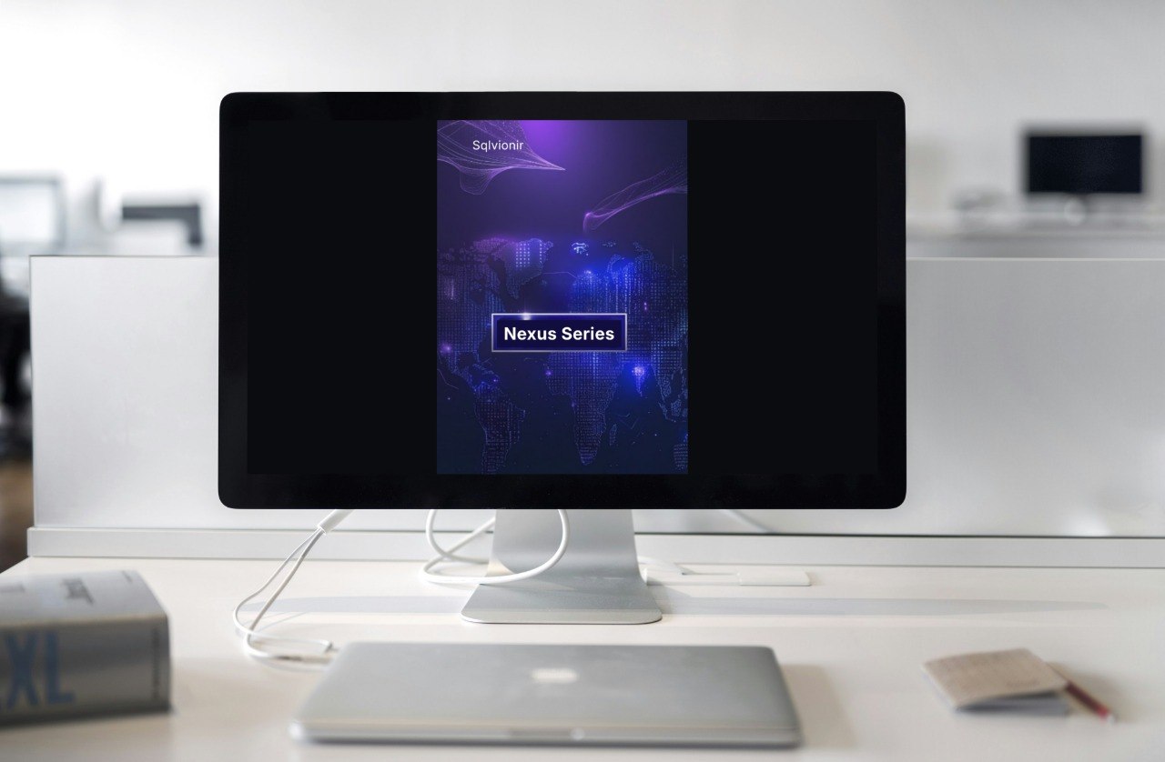 Computer monitor displaying a file sharing interface on a desk