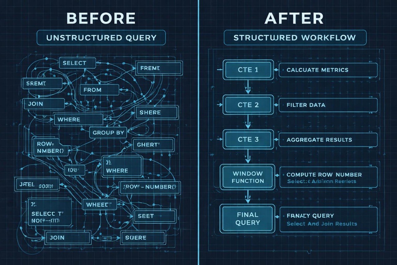 Comparison of unstructured query on the left and structured workflow on the right with text labels.