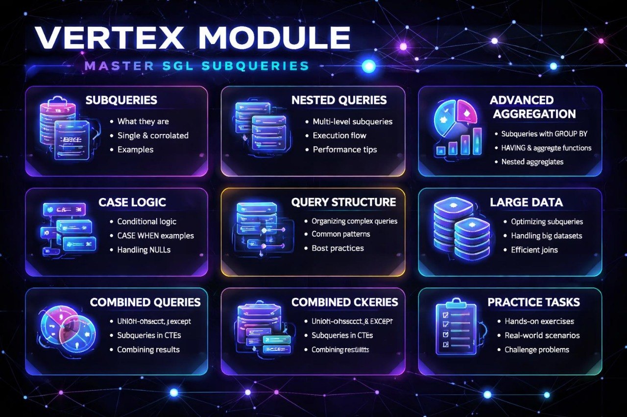 Diagram of Vertex Module features with various subtopics on a dark background