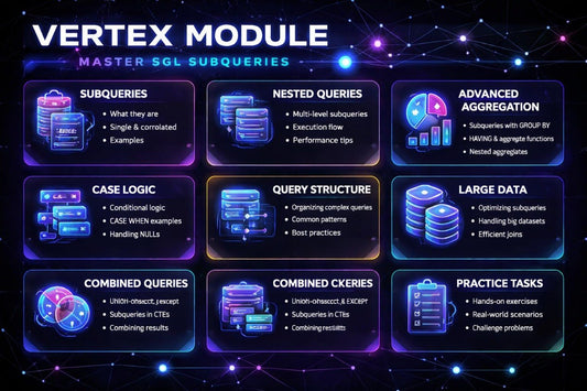 Diagram of Vertex Module features with various subtopics on a dark background