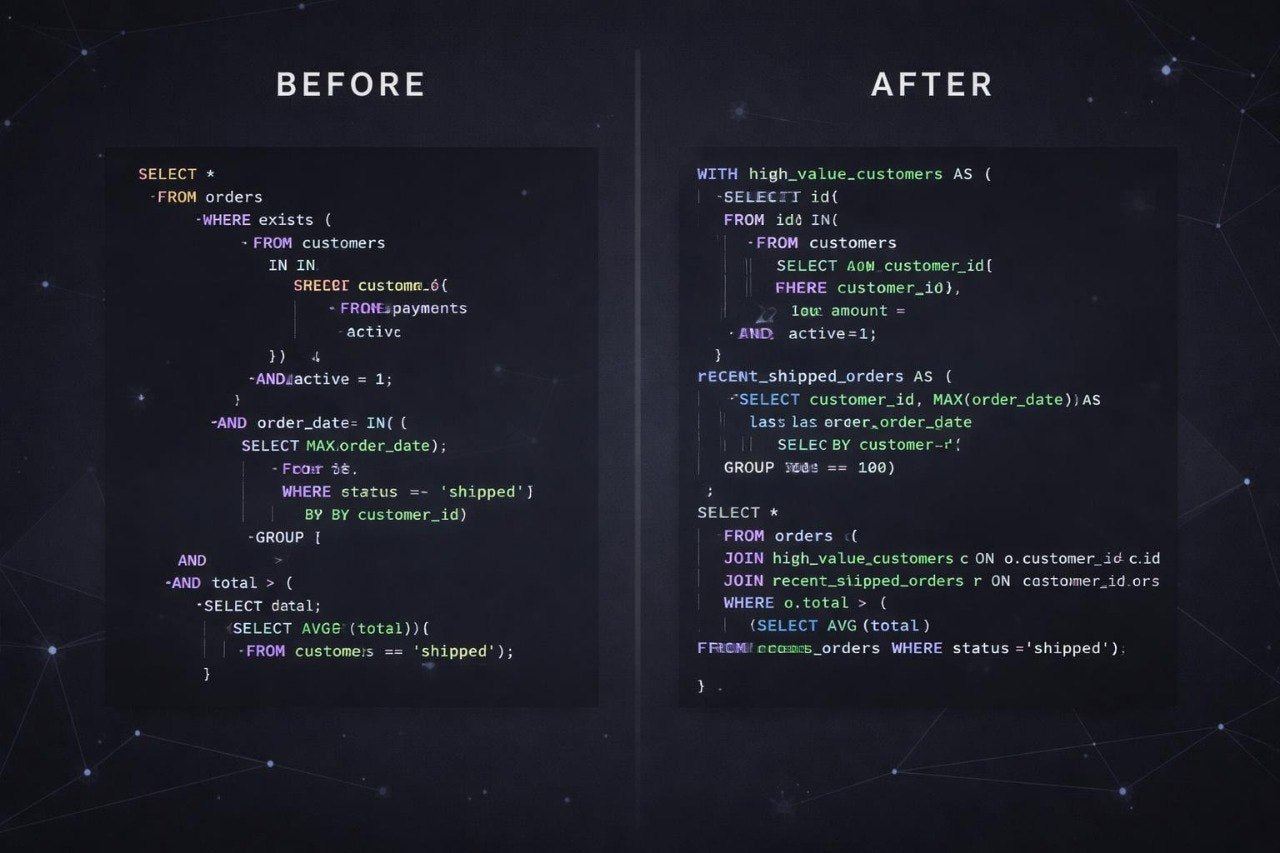 Before and after comparison of SQL queries on a dark background with network-like patterns.